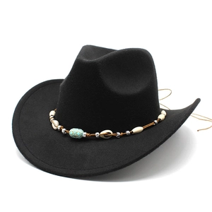 Black western cowboy hat with bohemian turquoise bead and shell trim on white background