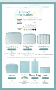 Size chart showing 7-piece light blue travel organizer set with mesh bags and pouches