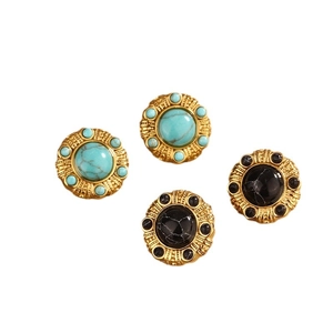 Vintage 18K gold plated hollow round earrings with turquoise and black agate inlays