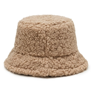 Unisex plush lamb wool bucket hat in beige, warm solid color winter fisherman cap