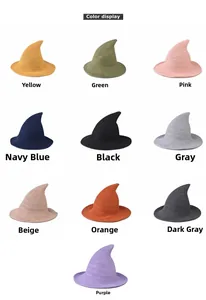Detailed color display of ten different knitted wizard hats with fine woven textures