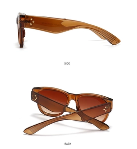 Detailed side and back views of amber cat-eye sunglasses with gold star temple accents