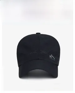 Close-up of black breathable mesh baseball cap featuring printed mountain graphic and logo
