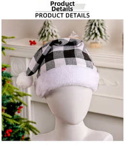 Macro detail of Christmas hat featuring black and white plaid pattern and soft faux fur trim