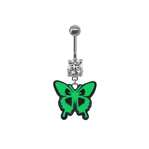 Detailed view of silver navel ring featuring green butterfly pendant and sparkling zircon