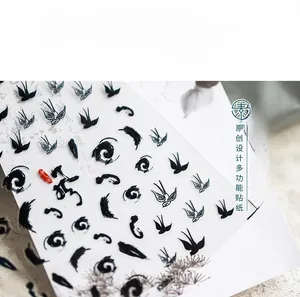 Detailed view of ultra-thin matte nail stickers with black ink swallow and stamp patterns