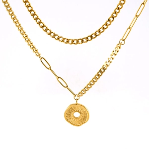 Double-layer gold stainless steel necklace with paperclip chain and textured round pendant