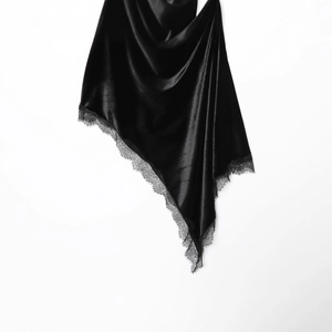 Elegantes schwarzes Kleid aus Samt und Spitze mit asymmetrischem Schnitt für Damen