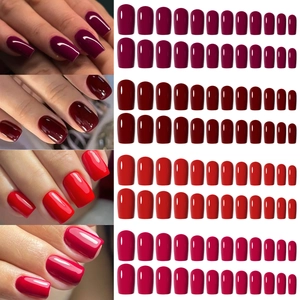 Set of 96pcs matte short press-on nails in shades of red, square and round fake nail tips