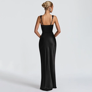 Detailed back view of a slim fit black satin evening dress with elegant ribbon straps