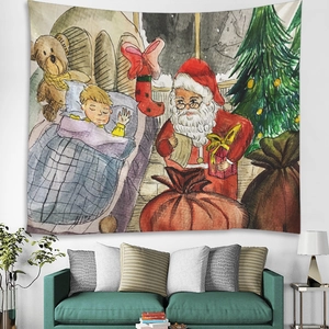 Tapisserie De Noël Tenture Murale Polyester Hiver Village De Neige Père Noël Renne Décoration Chambre Salon
