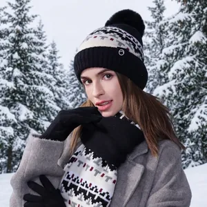 Winter 3-piece set with pompom knit beanie, jacquard scarf and gloves for outdoor warmth