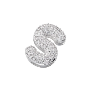 Macro shot of silver letter S pendant with clear pavé cubic zirconia for jewelry making