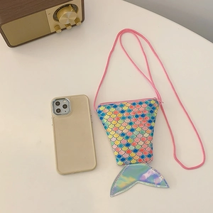 Rainbow scale mermaid tail crossbody bag for girls with holographic fin and pink strap