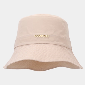 Beige bucket hat with GOOD DAY embroidery, casual outdoor sun protection style