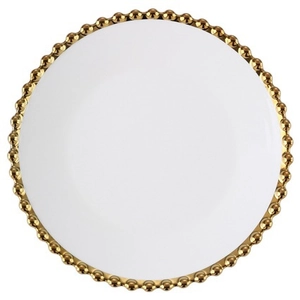 Top view of white ceramic plate with elegant gold beaded rim for luxury dining experience