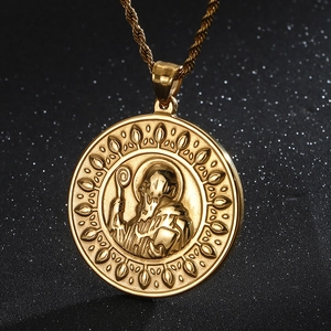 Gold St. Benedict round medal pendant on rope chain with intricate religious embossed detail
