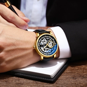 CHENXI luxury men's automatic mechanical watch with skeleton dial and black leather strap