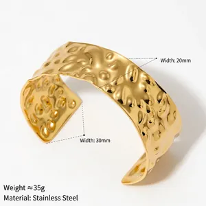 Hammered gold wide open cuff bracelet in stainless steel with vintage oil texture finish
