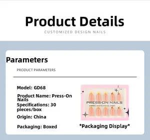 Detailed specs of pink 3D cherry almond press-on nails in windowed box packaging