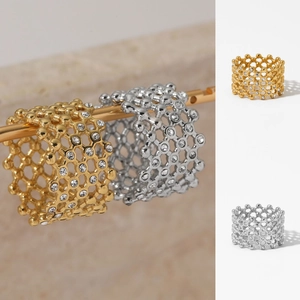 Damen Breit Honeycomb Ring Edelstahl Hohl Geometrisch Strass Eingelegt Trendy Mode Statement Schmuck
