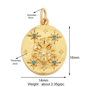 Vue détaillée d'un pendentif coquillage en laiton ovale avec pierres bleues, 14x16mm