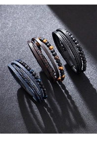Three men's layered leather and tiger eye stone bracelets with magnetic clasps