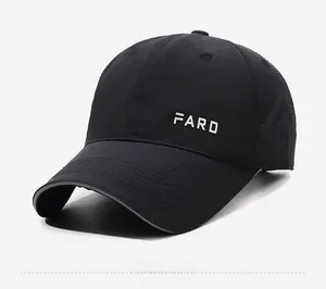 Detail view of the FARD logo and breathable mesh side on this black baseball cap