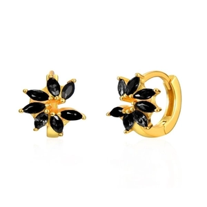 Detail view of S925 silver needle hoop earrings with black zircon flower patterns