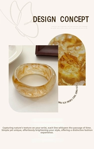 Detailed macro view of wide amber resin bangle with unique marble texture and smooth finish