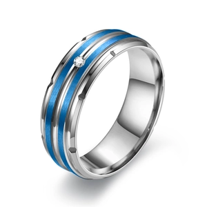 Titanium steel ring for men with blue brushed metal bands and centered diamond inlay