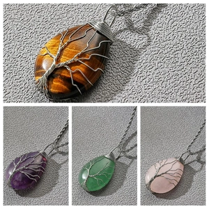 Collana Pendente Albero Della Vita Pietra Naturale Avvolta In Filo Lega Goccia D'acqua Retrò Bohémien Gioielli Donna