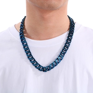 Blue electroplated 15mm Cuban link chain necklace on male model with white shirt