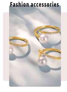 Three elegant gold open rings featuring micro-set zircons and pearls on a rippled background