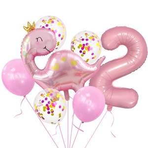 Pink crown dinosaur balloon set for 2nd birthday party with confetti latex balloons