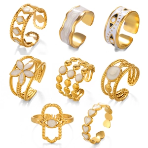 Adjustable golden stainless steel rings with white enamel and geometric designs