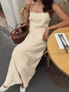 Beige cotton maxi sundress with strap detail and high waist stitching for summer