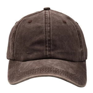 Front view of washed cotton ponytail baseball cap in dark brown with stitched details