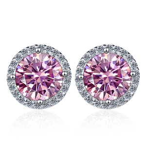 Pink moissanite stud earring in 925 sterling silver with a halo of white stones