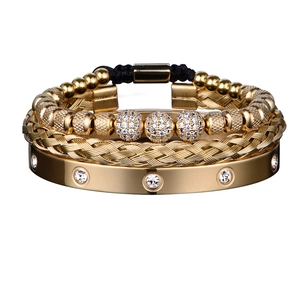 Three-piece gold plated bracelet set featuring crystal balls and mesh metal chain