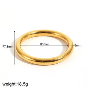 Polished hollow 18k gold plated stainless steel bangle with detailed size measurements