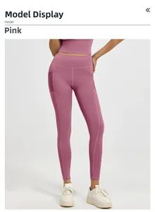 Close-up of high-waist yoga pants in dusty rose featuring a side mesh pocket for storage