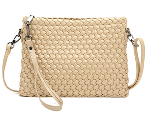 Detail of hand-woven beige texture with metallic hardware and detachable strap