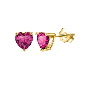 Macro view of heart-shaped pink zircon earrings with S925 silver hallmark engraving