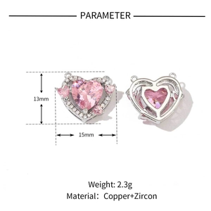 Detail view of pink heart zircon pendant with 13x15mm dimensions and copper material specs