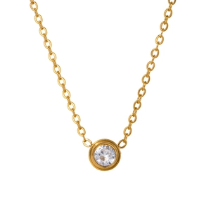 Gold plated titanium steel necklace featuring a round bezel set cubic zirconia pendant