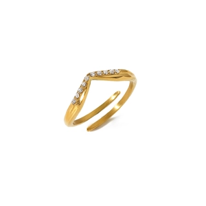 18k gold plated V-shaped stainless steel open ring featuring a row of ten sparkling zircons