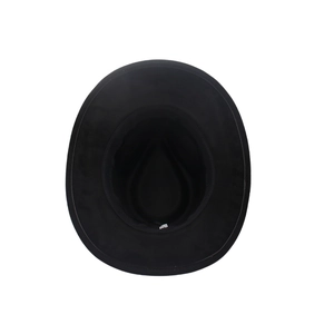 Detailed interior view of a black felt fedora hat showing inner band and care label