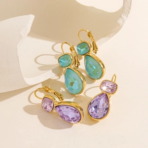French style teardrop zircon earrings in light blue and lavender purple with gold finish