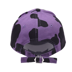 Purple cow print baseball cap with adjustable metal buckle and trendy streetwear style